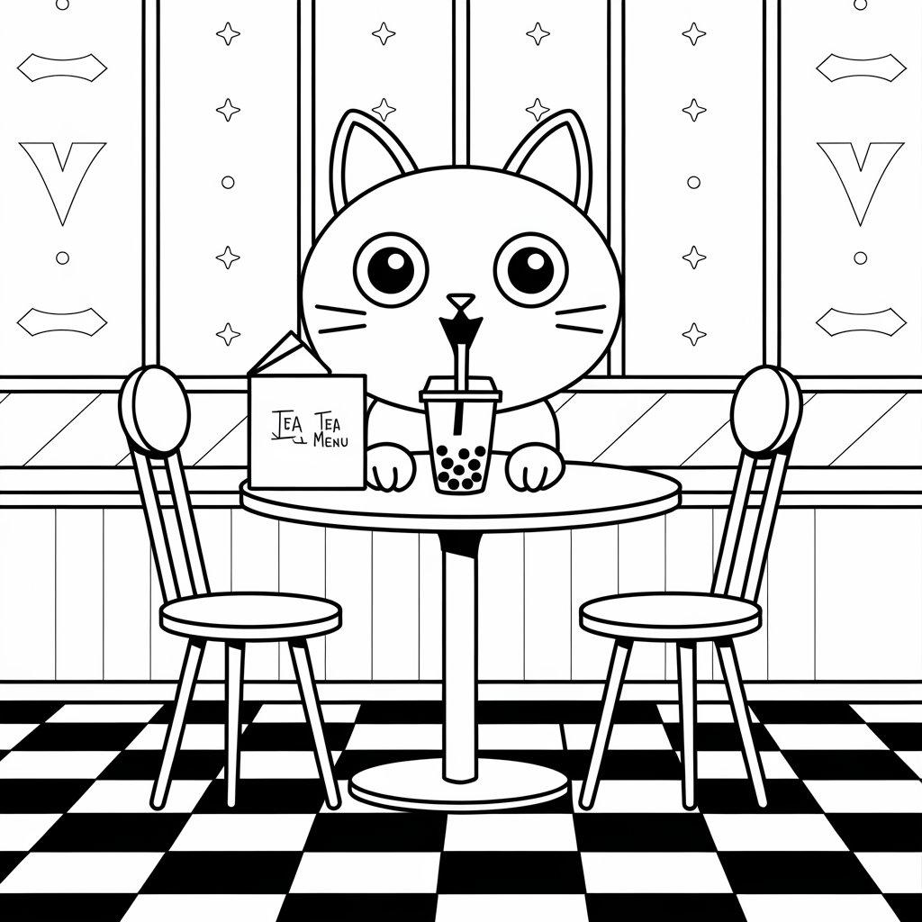Boba_Cat_Sitting_at_A_Table_with_A_Tea_Menu_and_Bubble_Tea_Options