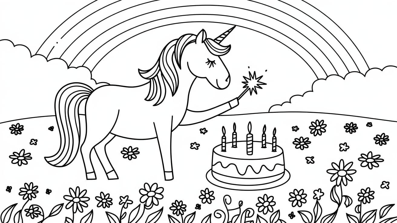 Unicorn_and_Cake_in_a_Field_of_Flowers_Coloring_Page