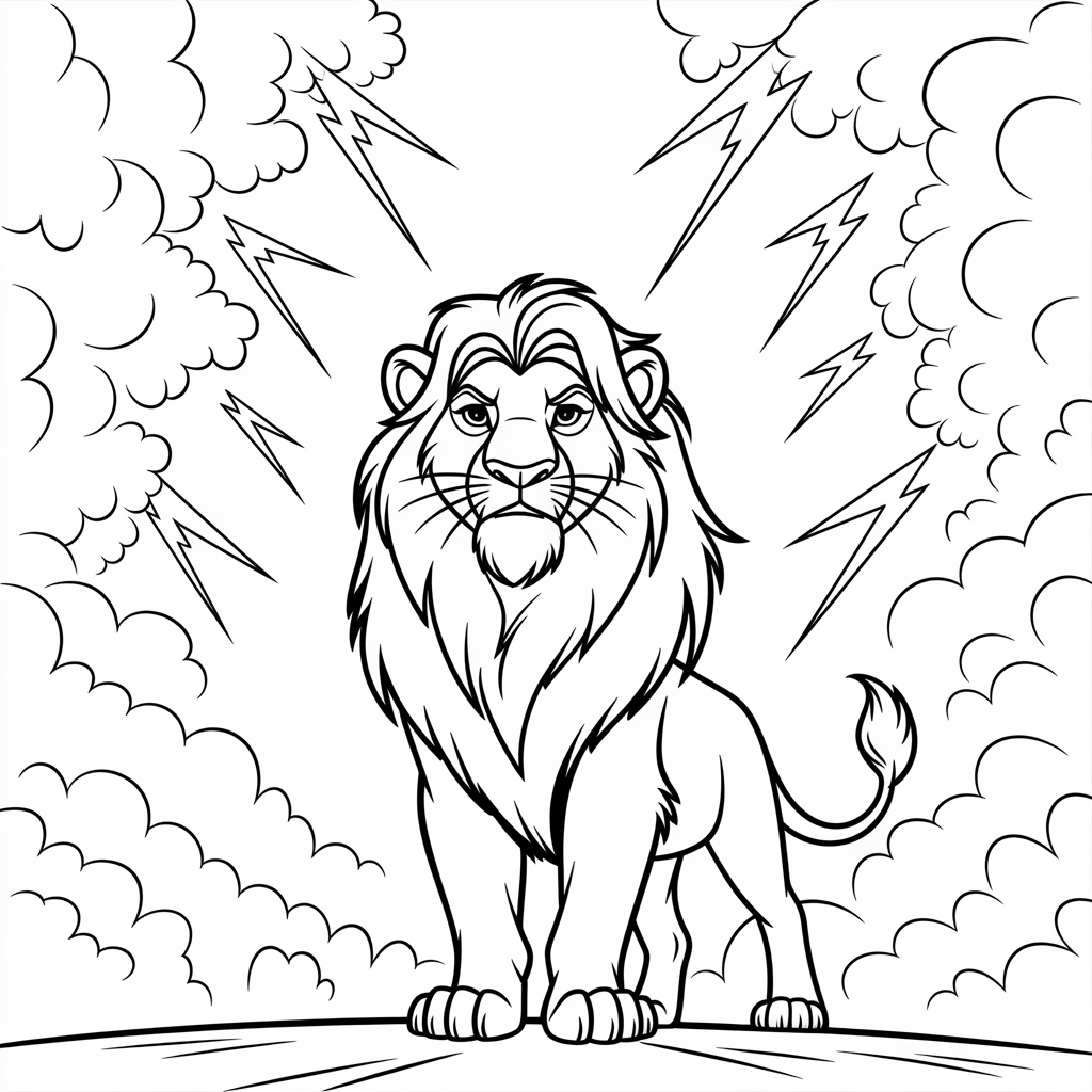 Mufasa Standing Against a Stormy Sky

