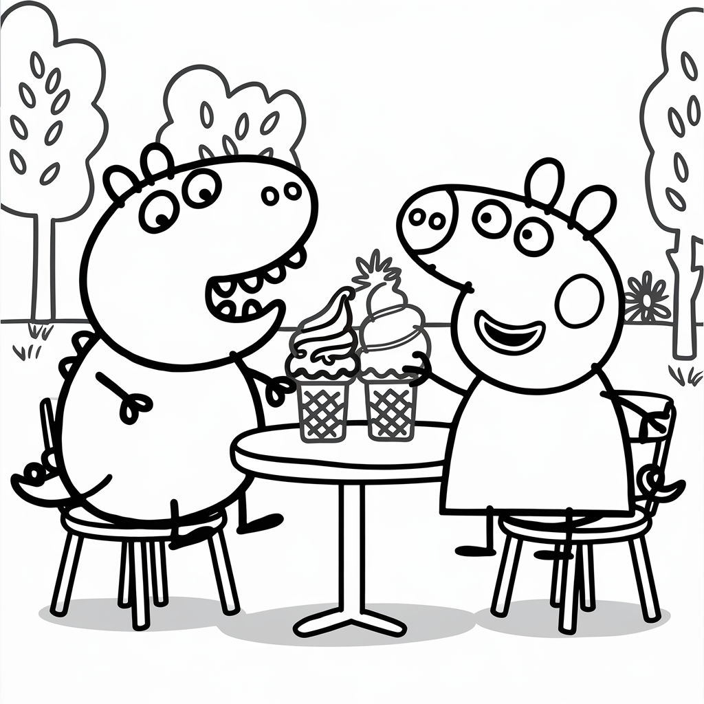 Peppa Pig and Mr. Dinosaur Enjoying Ice Cream
