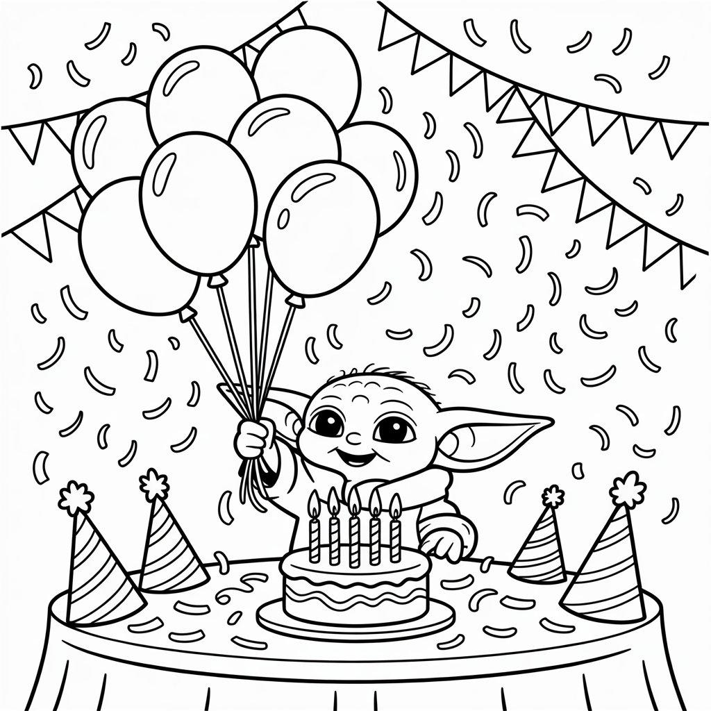Baby Yoda Holding Balloons at a Birthday Party