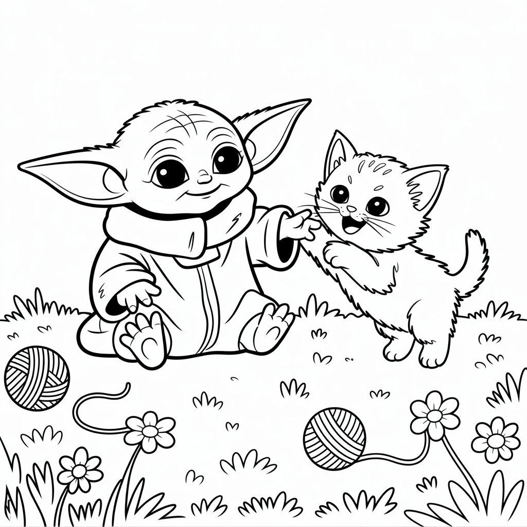 Baby Yoda Playing with a Kitten