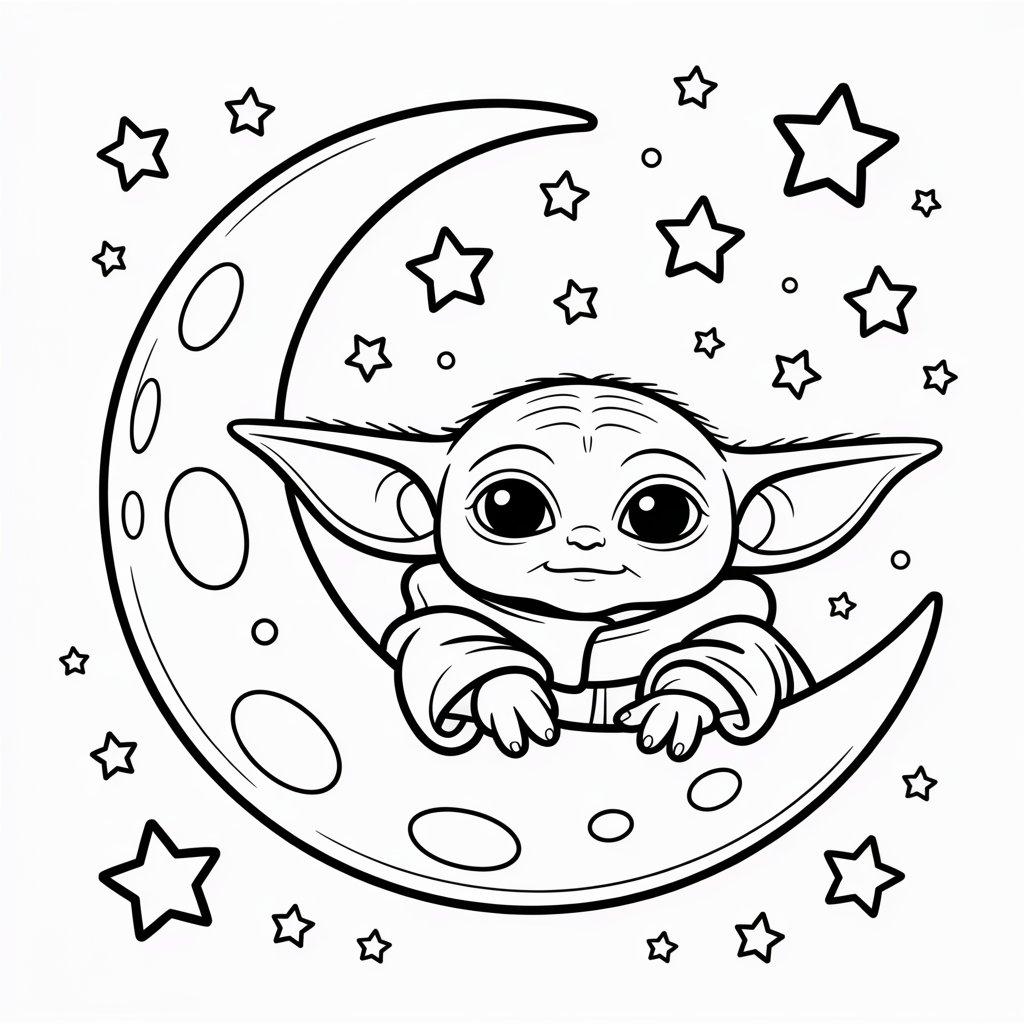 Baby Yoda Sitting on a Crescent Moon