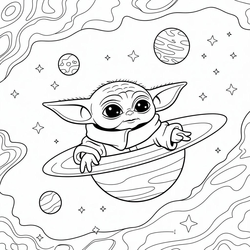Baby Yoda in Space with Stars and Planets