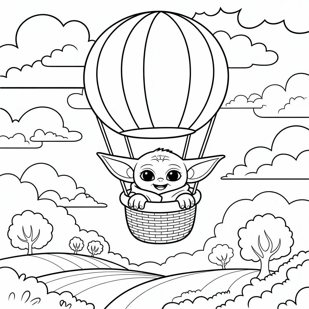Baby Yoda in a Hot Air Balloon