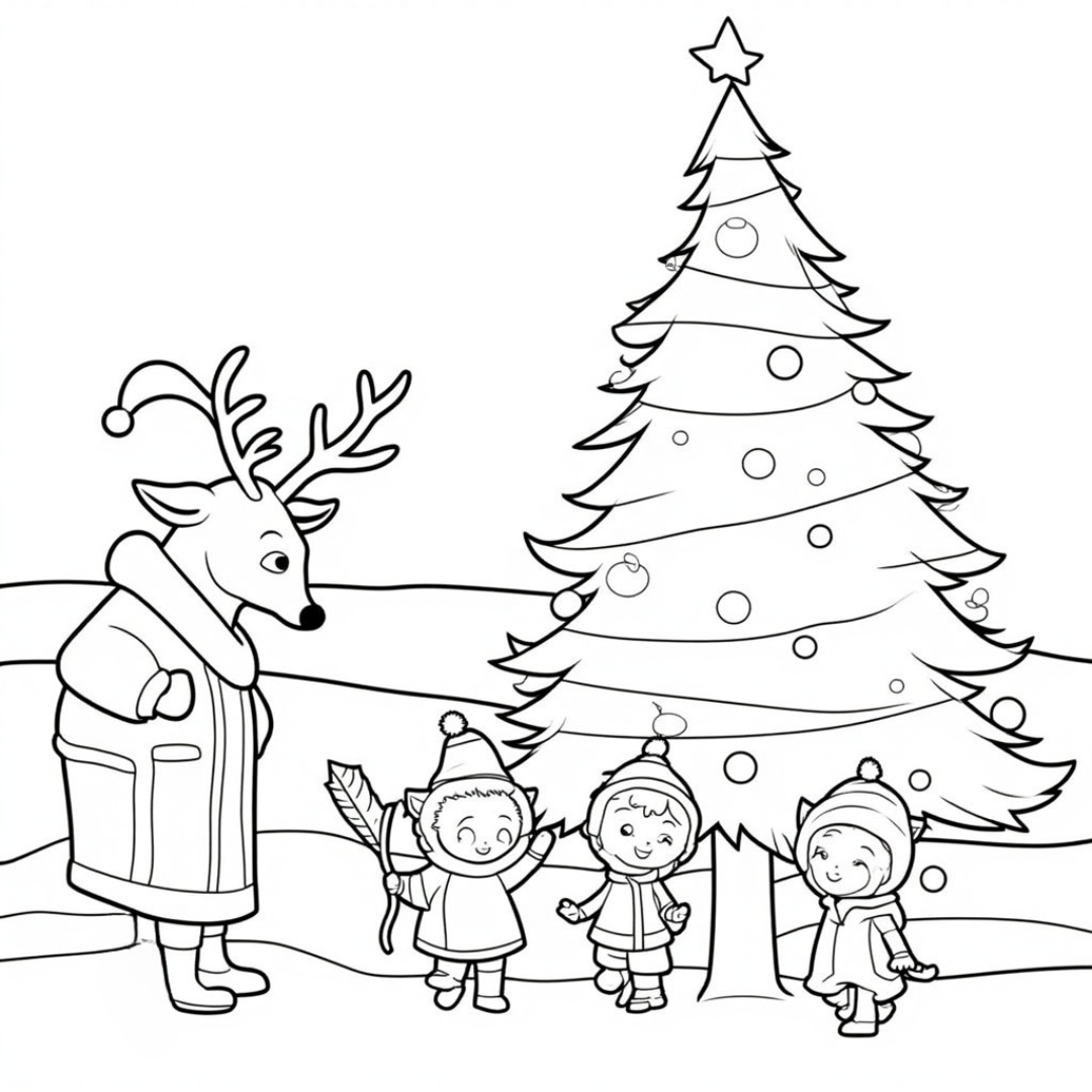 Rudolph Decorating a Christmas Tree with Elves