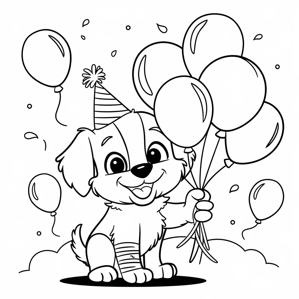 Smiling Puppy with Bandages and Balloons