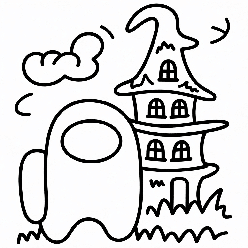 among us character in a haunted house