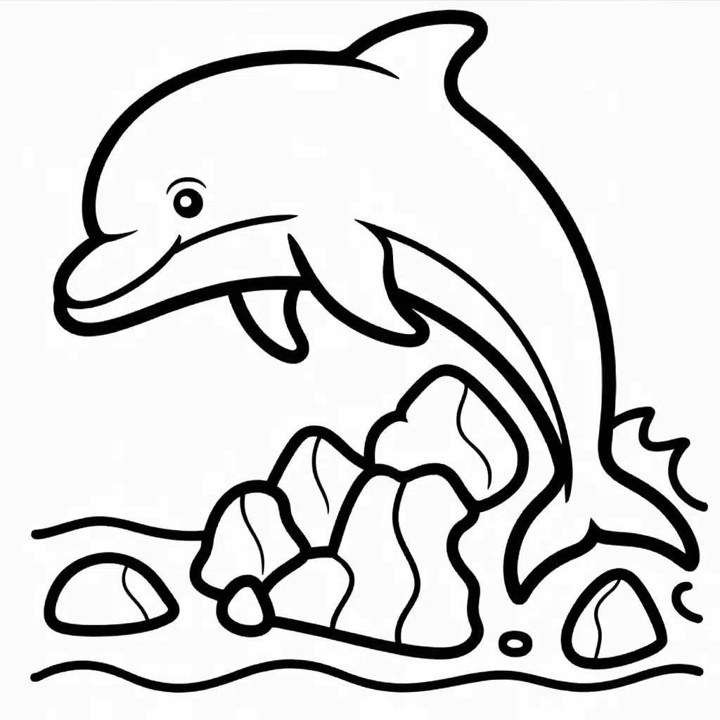 dolphin gliding beside ocean rocks