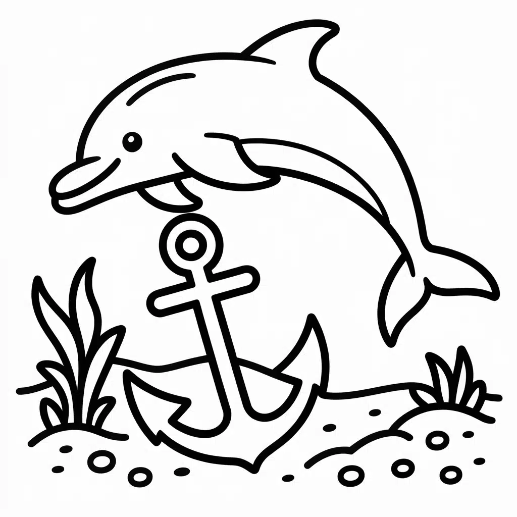 dolphin swimming past a sunken anchor