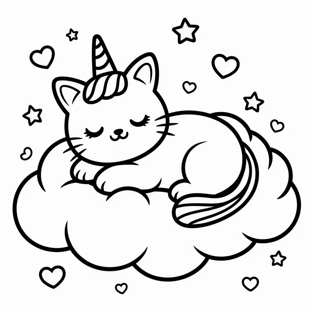 kawaii sleeping unicorn cat on a cloud