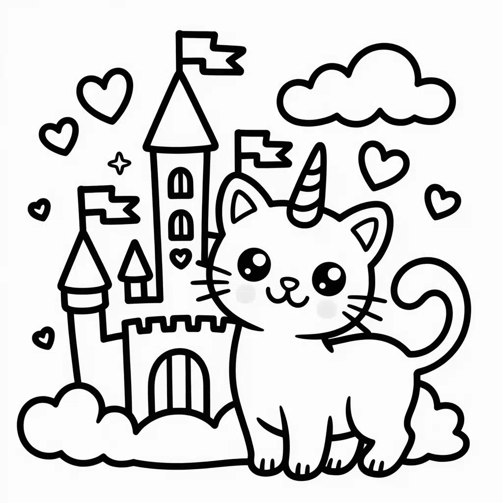 kawaii unicorn cat in a fairy tale castle