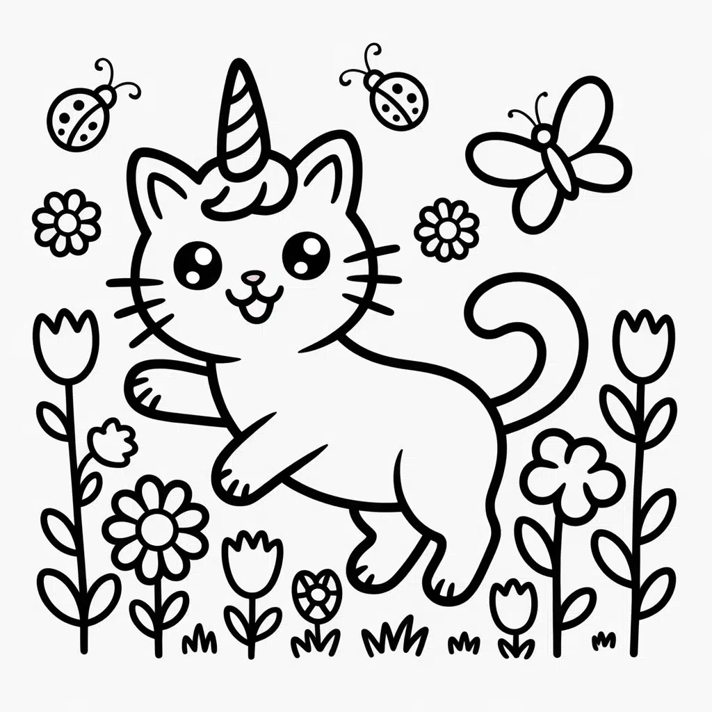 kawaii unicorn cat in a flower garden