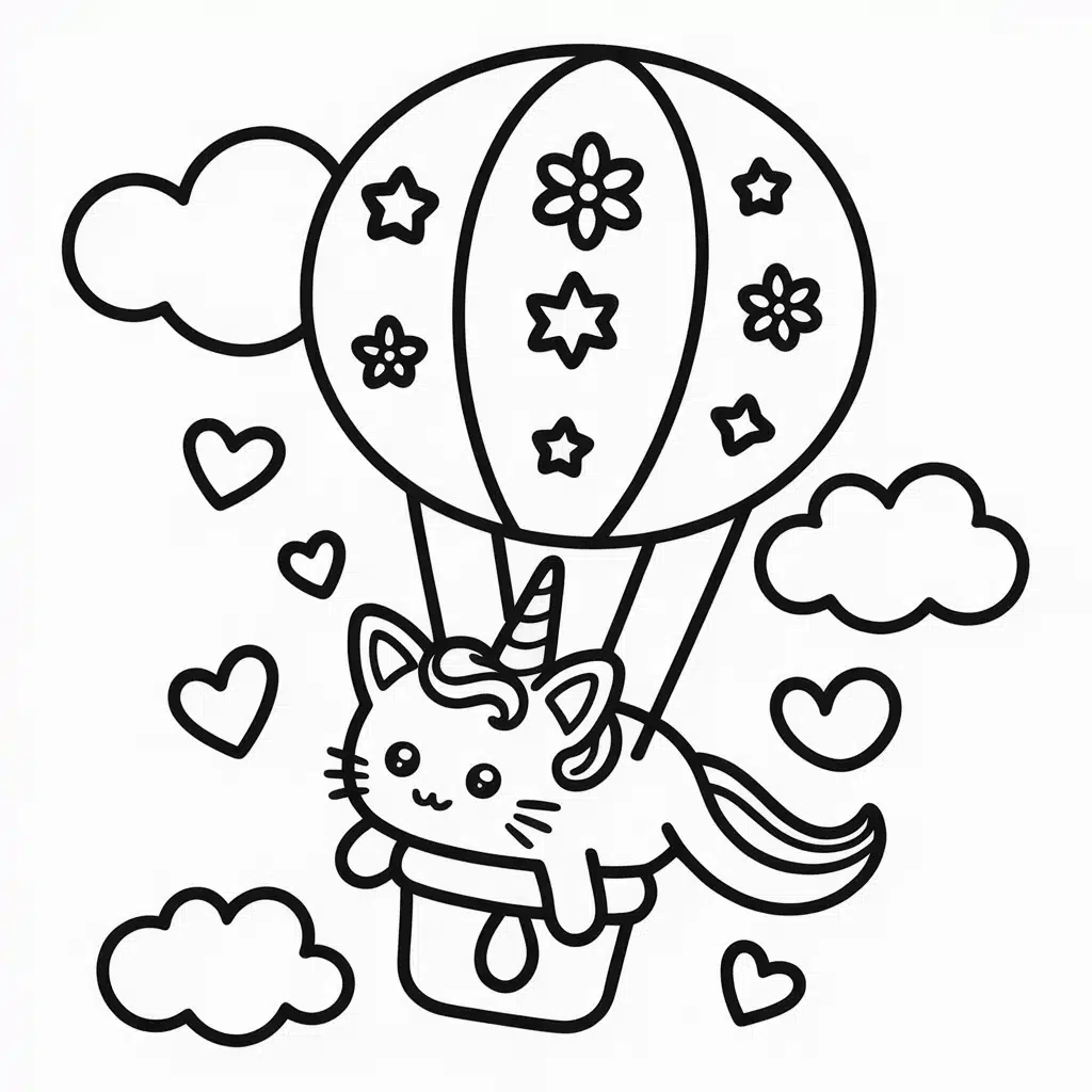 kawaii unicorn cat in a hot air balloon