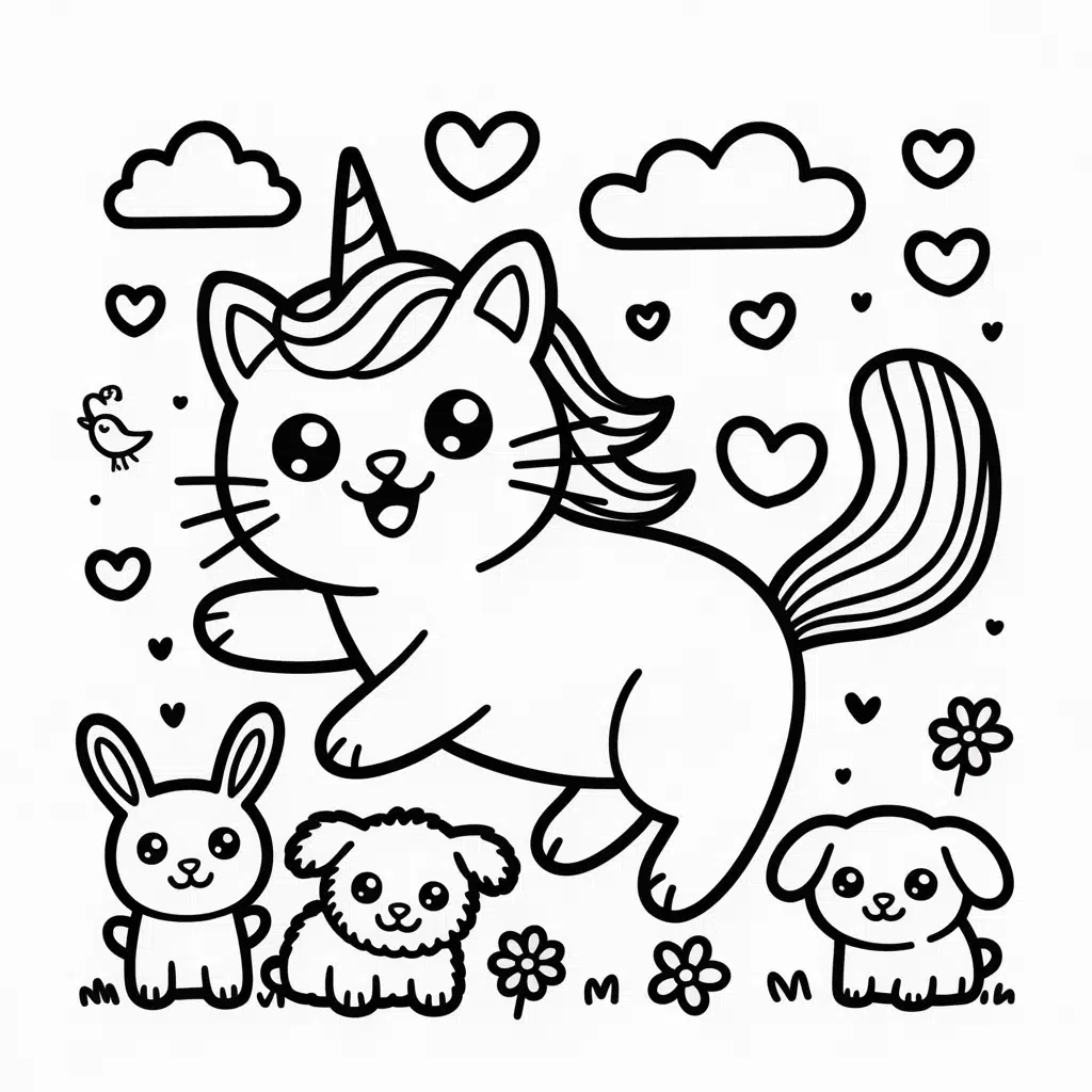 kawaii unicorn cat playing with animal friends