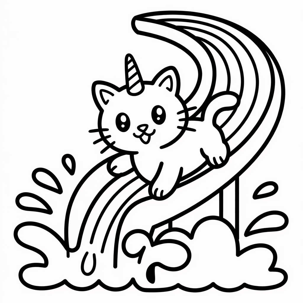 kittycorn riding a rainbow slide