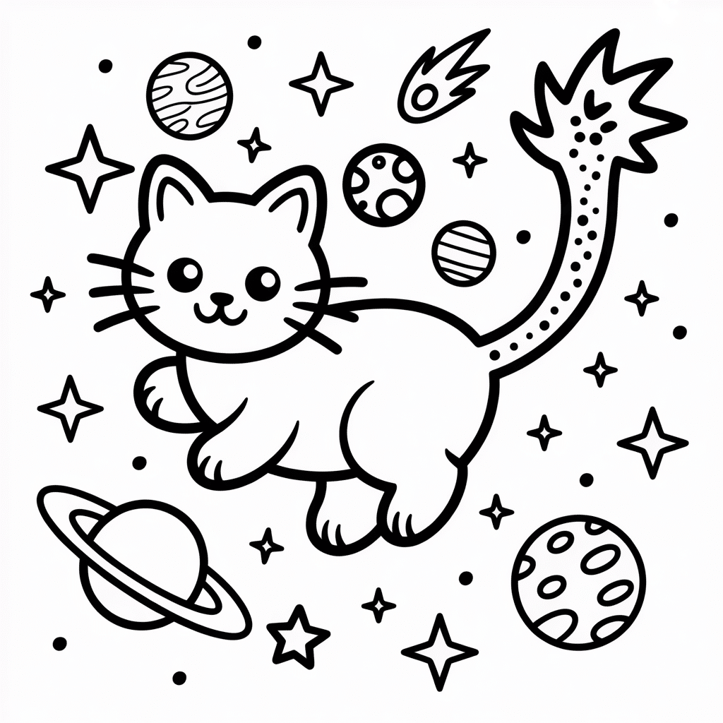 space kittycorn floating near planets