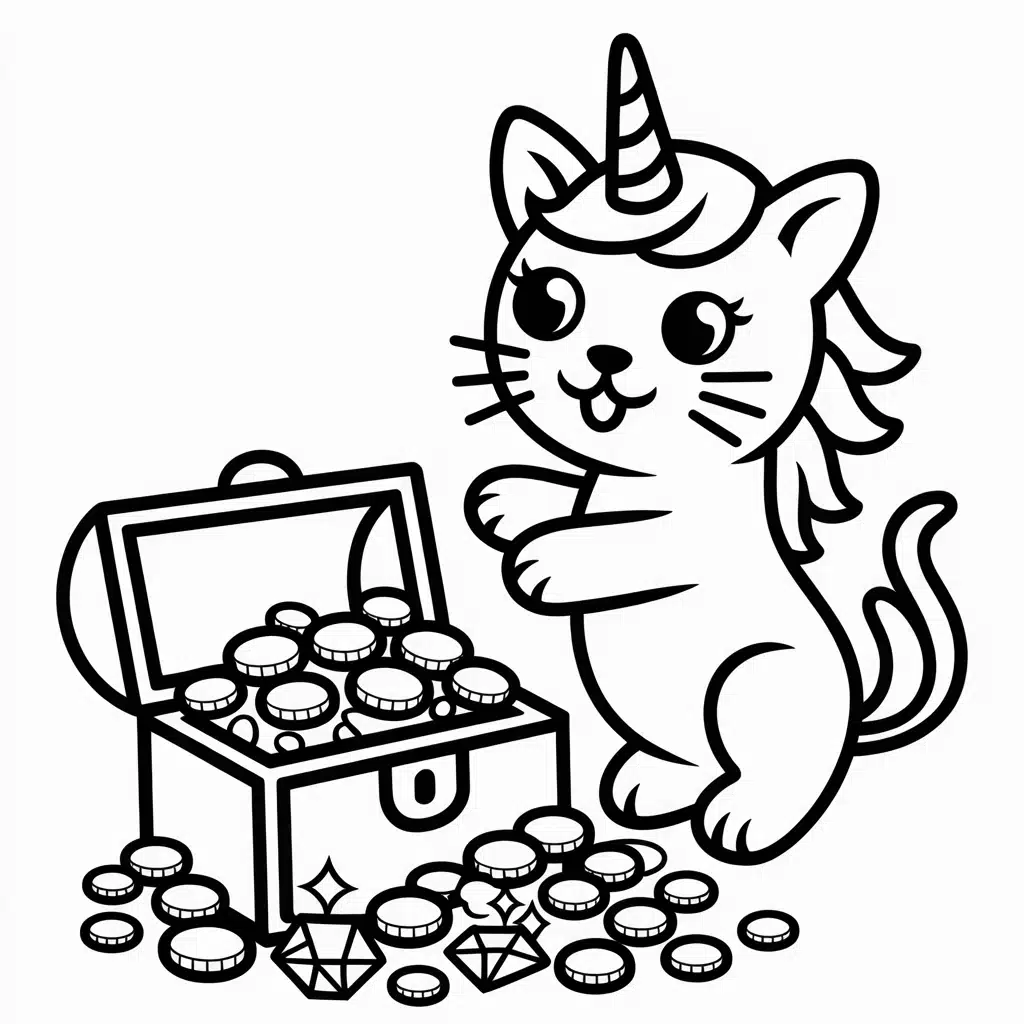 unicorn cat and a treasure chest