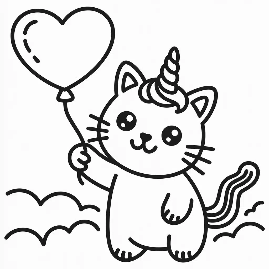 unicorn cat with a heart balloon