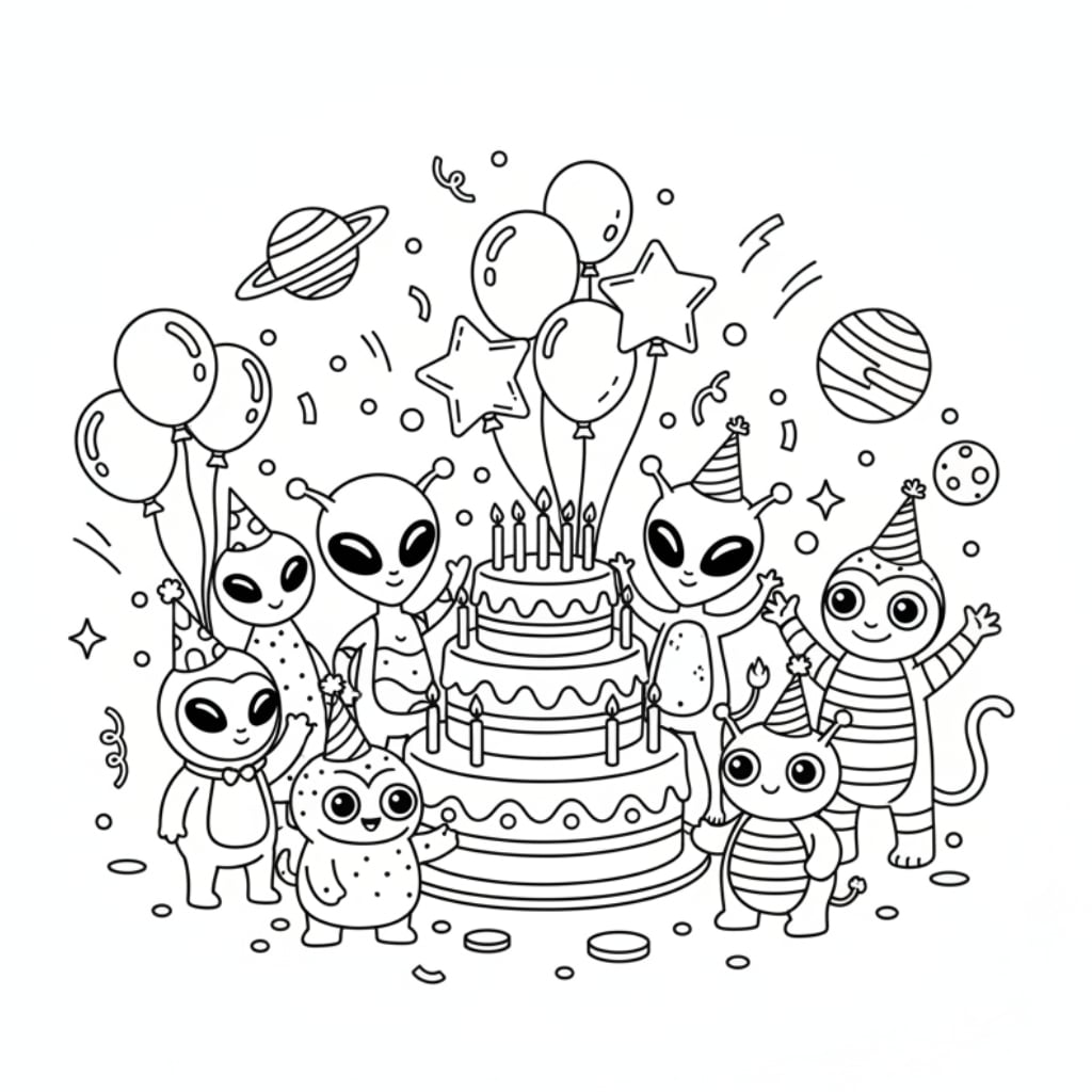 birthday coloring pages aliens