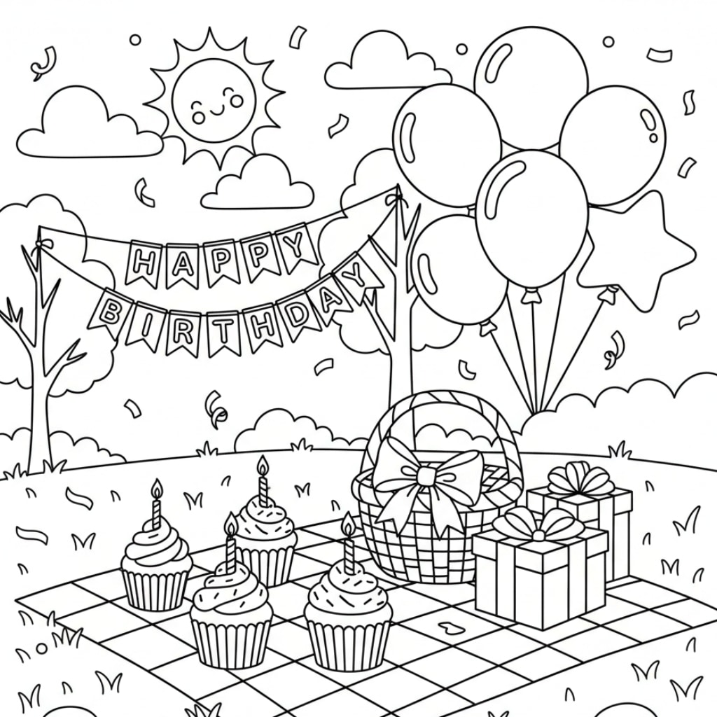 birthday coloring pages cupcake picnic