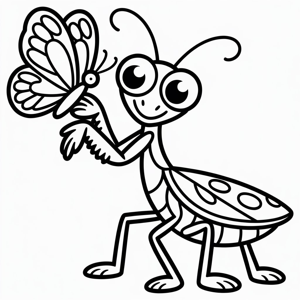 cartoon praying mantis playing with a butterfly