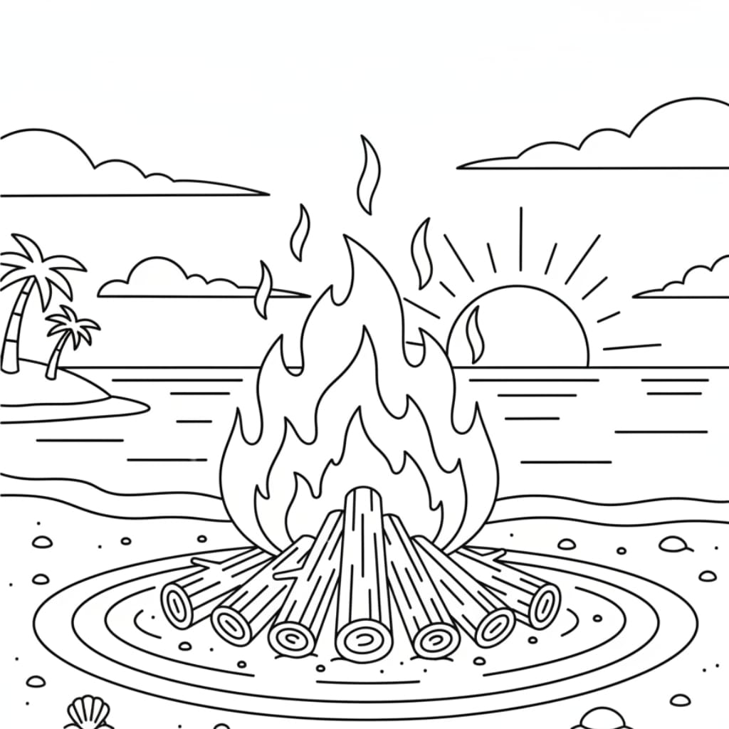 coloring page beach bonfire