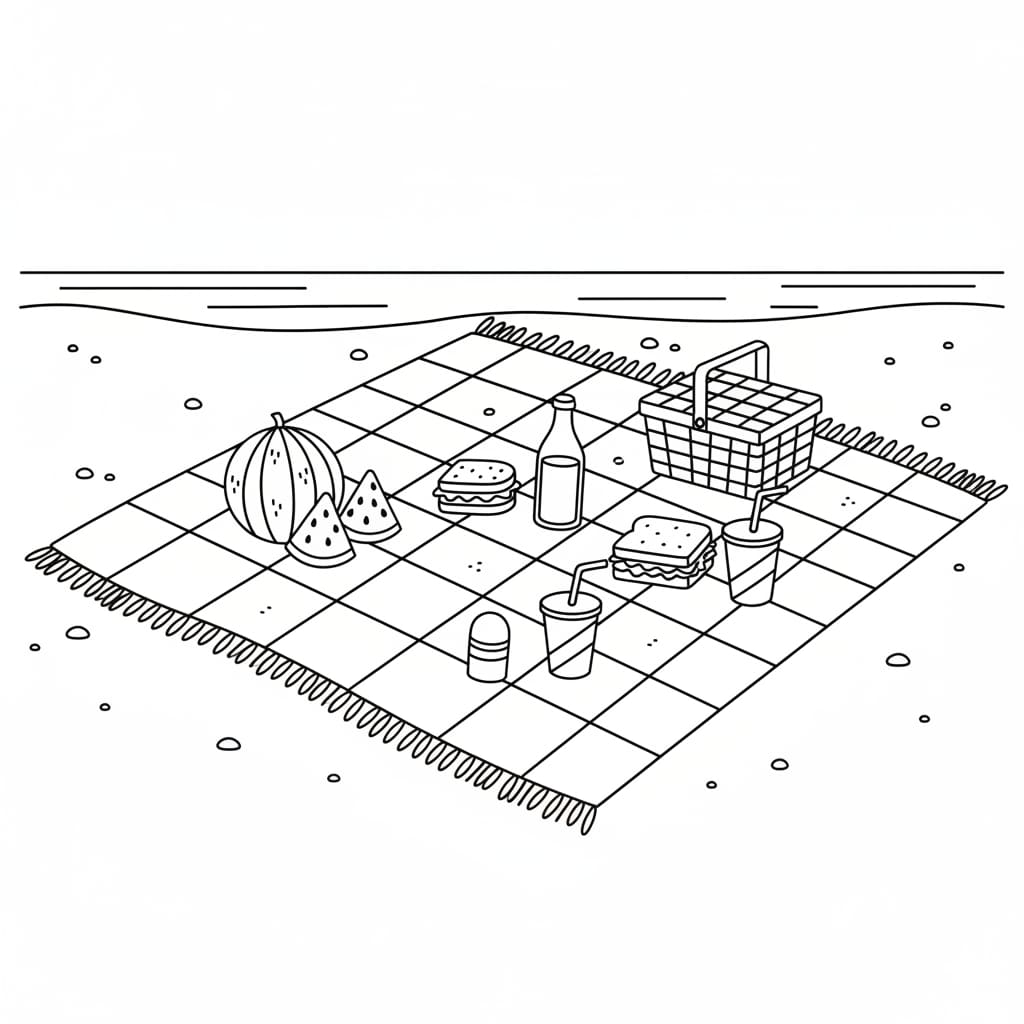 coloring page beach picnic