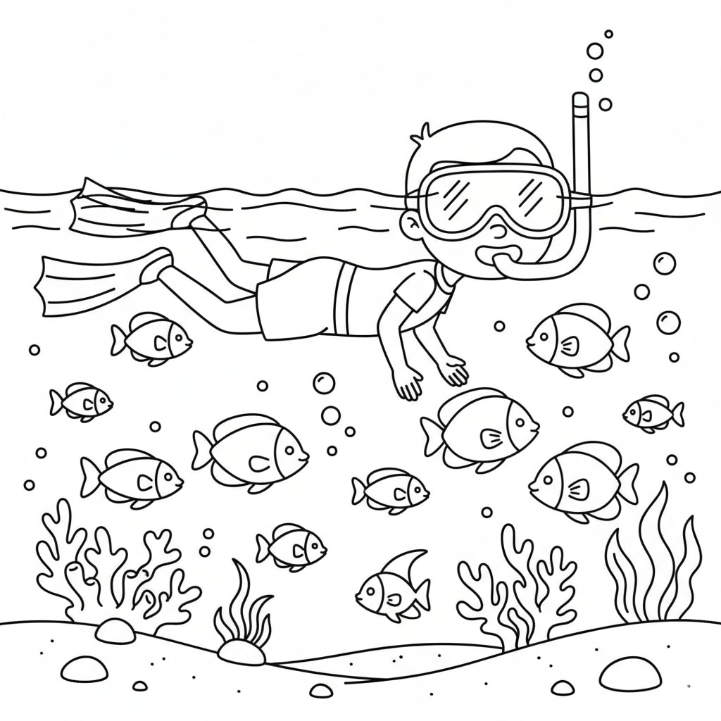 coloring page beach snorkelling