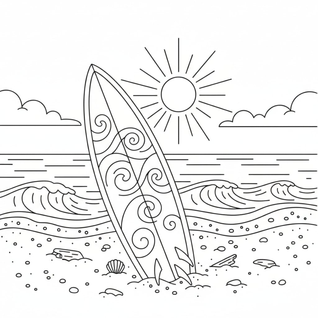 coloring page beach surfboard
