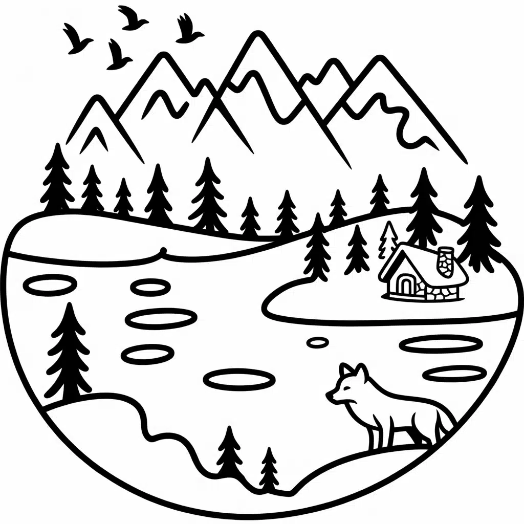 detailed winter landscape coloring page