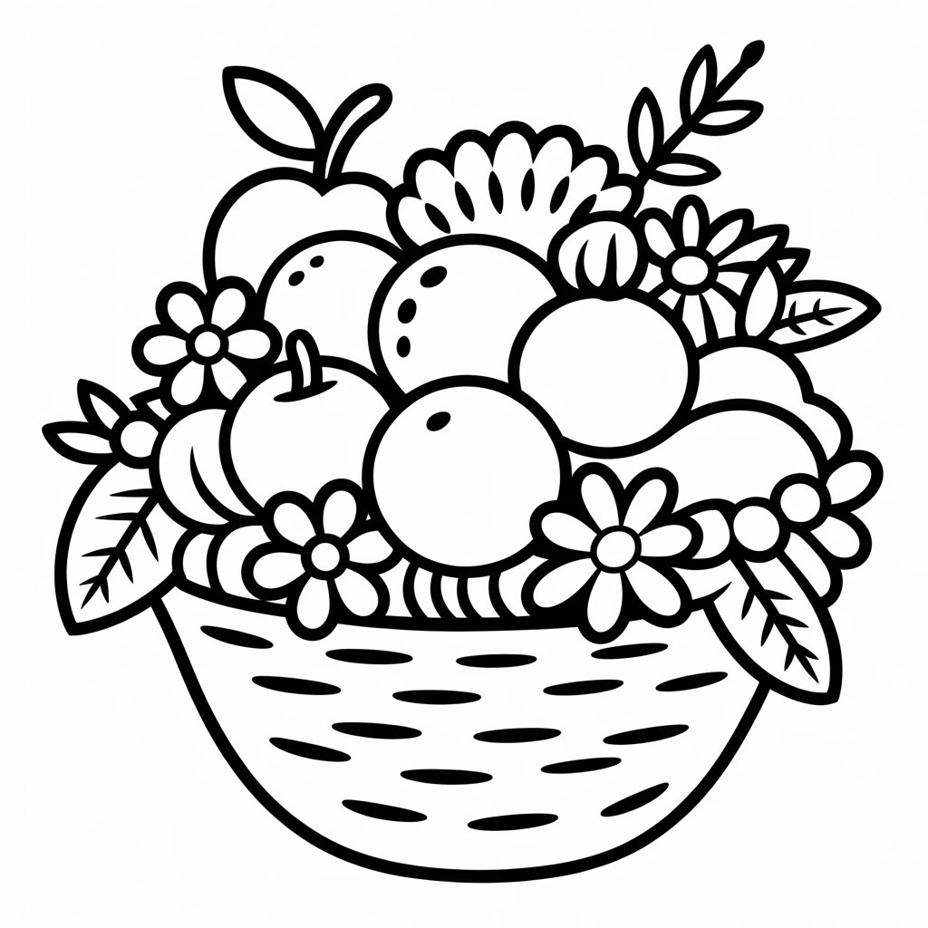 fruit basket with flower arrangement coloring page
