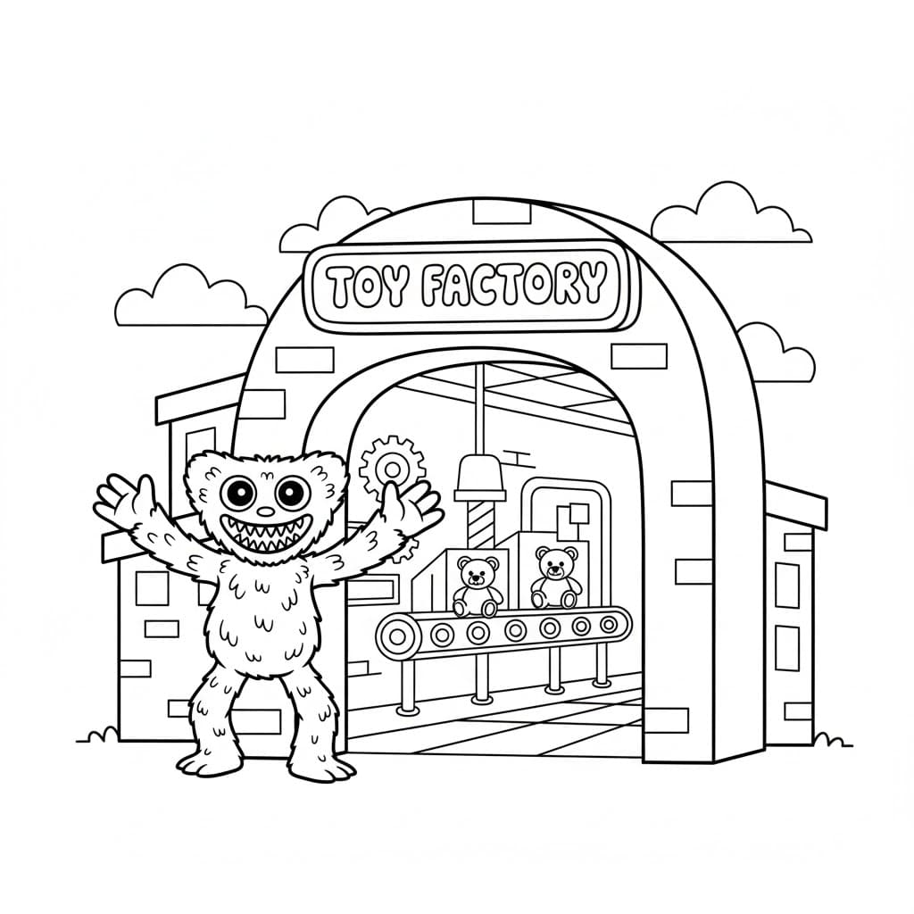 huggy wuggy standing near a toy factory