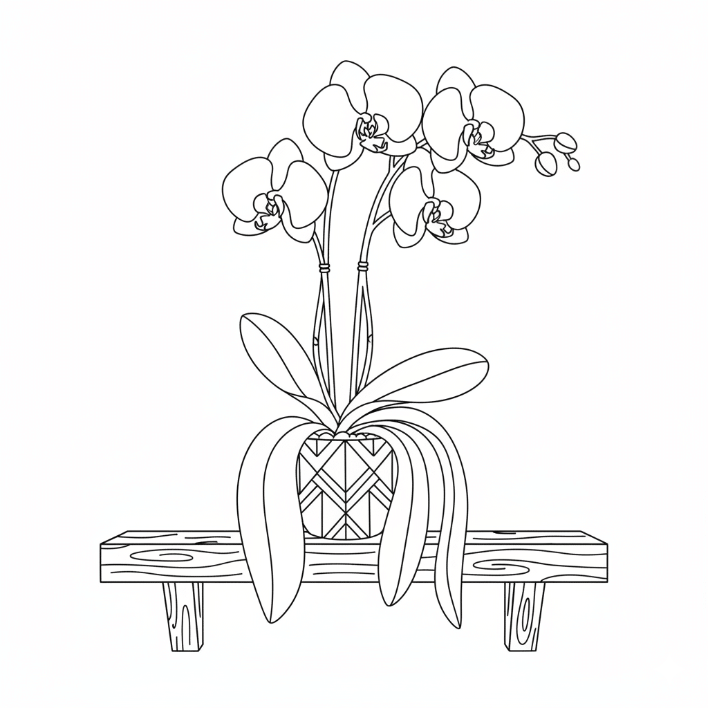 orchid in a pot on a shelf