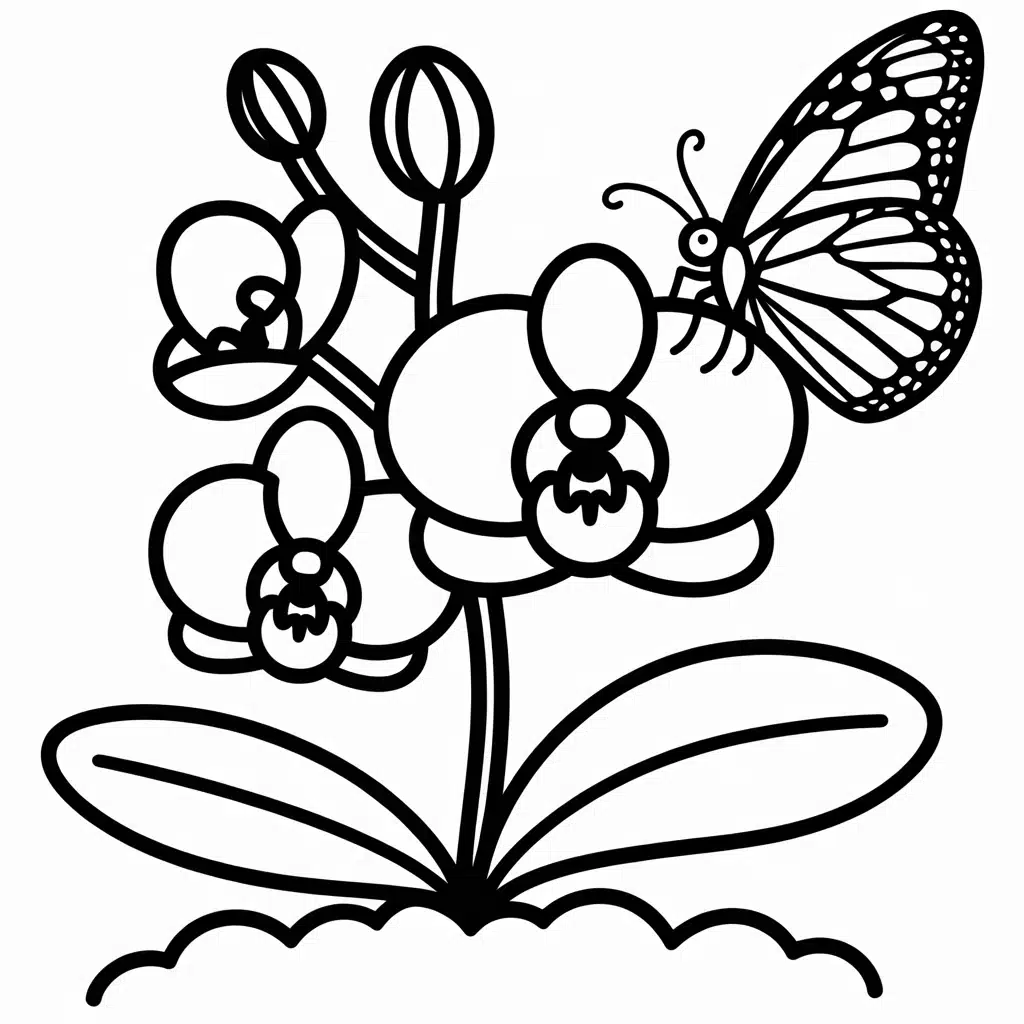 orchid in full bloom with butterfly