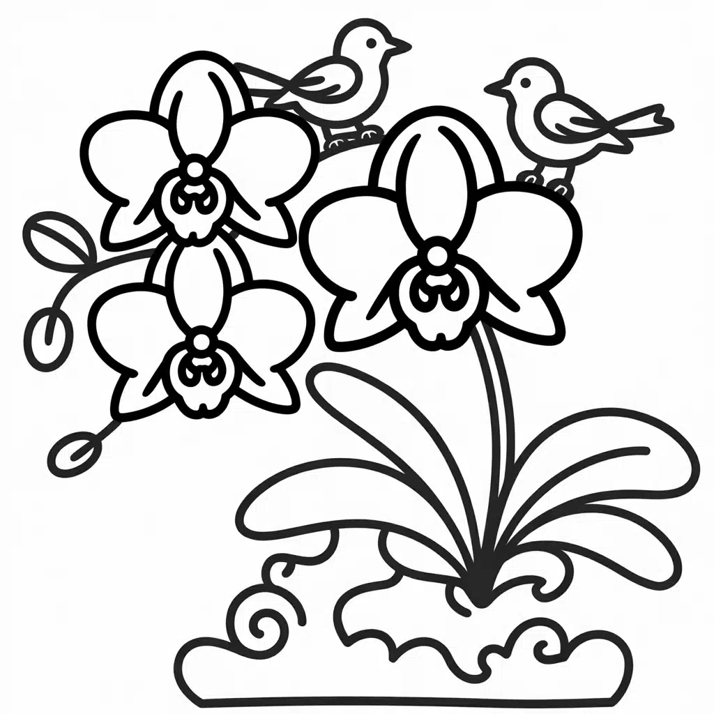 orchid with birds perched