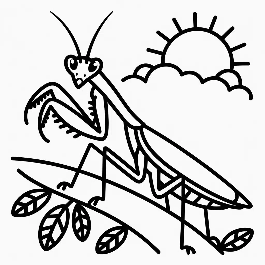 praying mantis on a branch at sunset