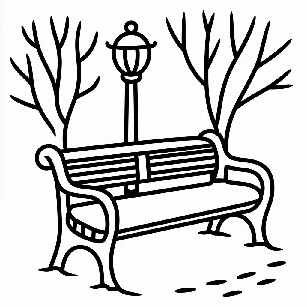 snowy park bench scene