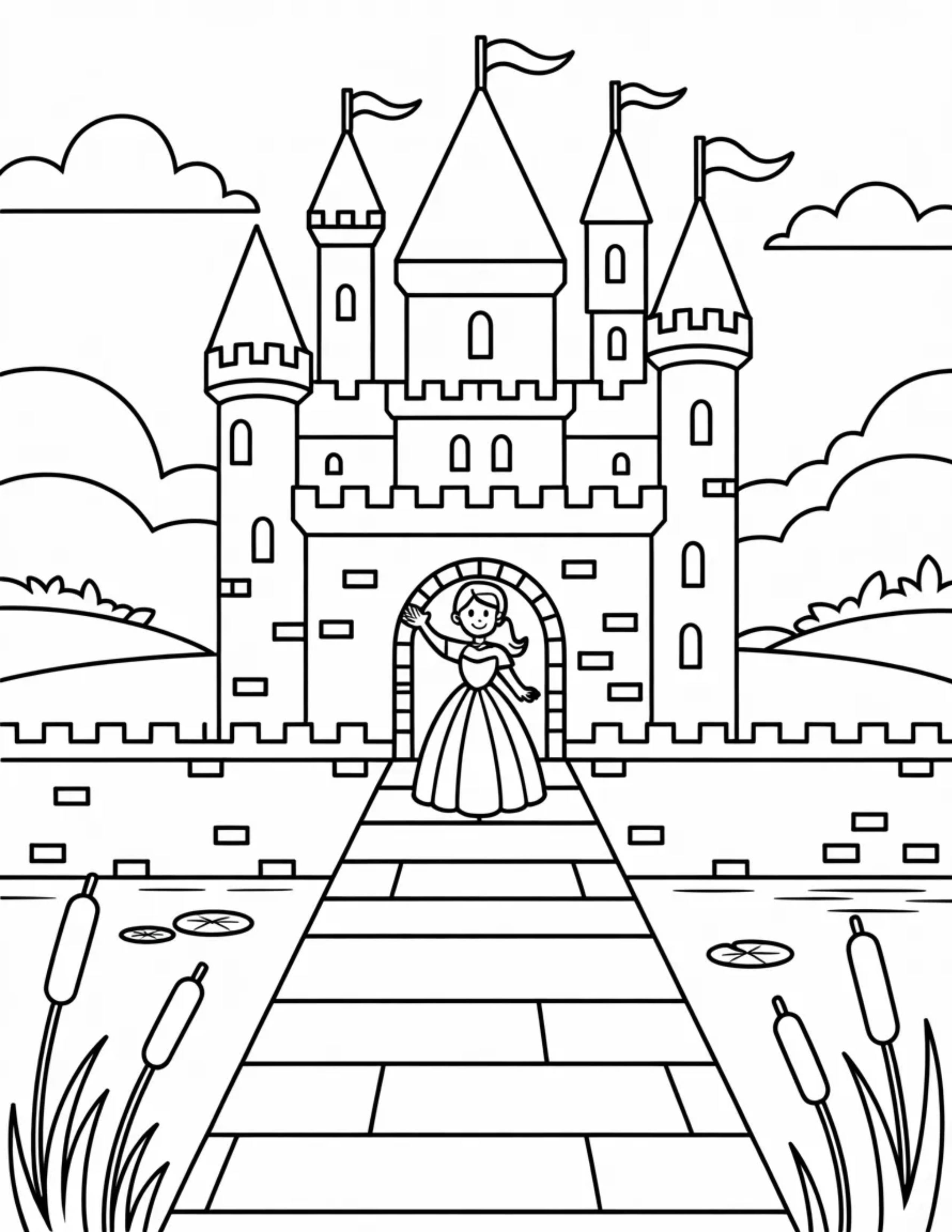 Castle-with-drawbridge-moat-and-princess-waving