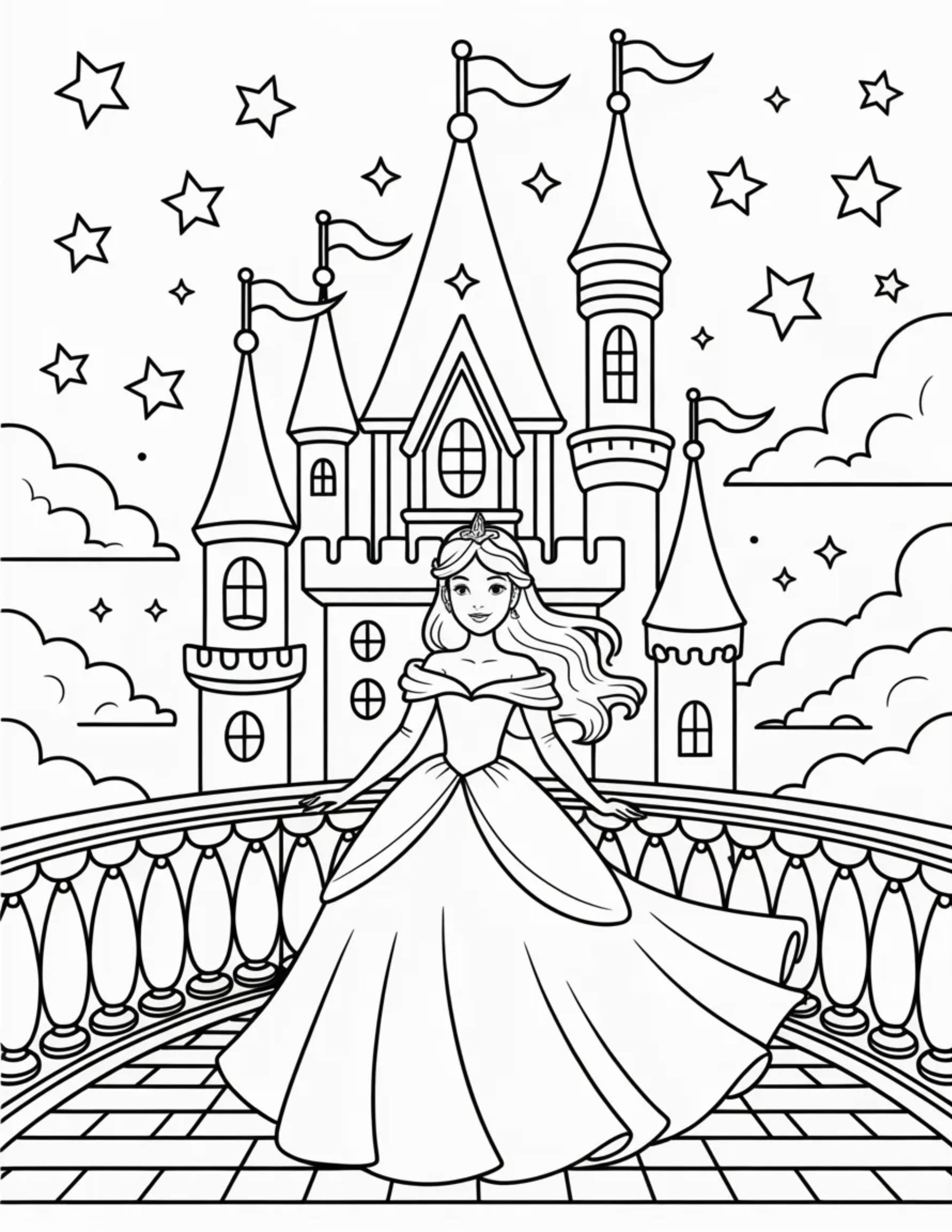 Enchanted-castle-with-a-princess-on-the-balcony-at-sunset
