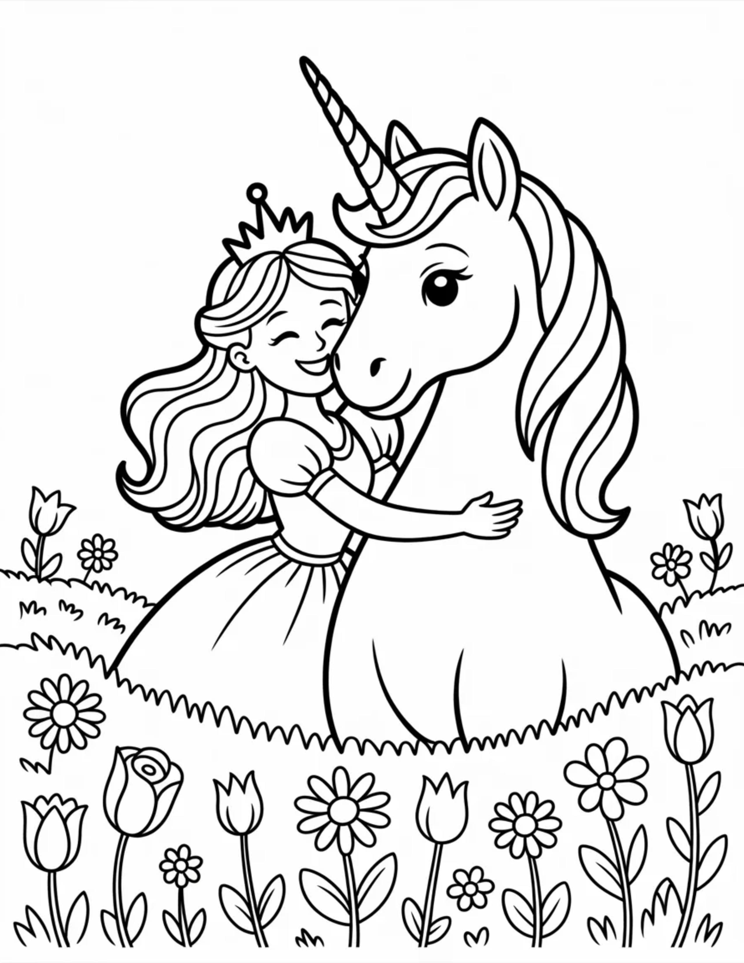 Princess-Hugging-A-Unicorn-In-A-Flower-Field