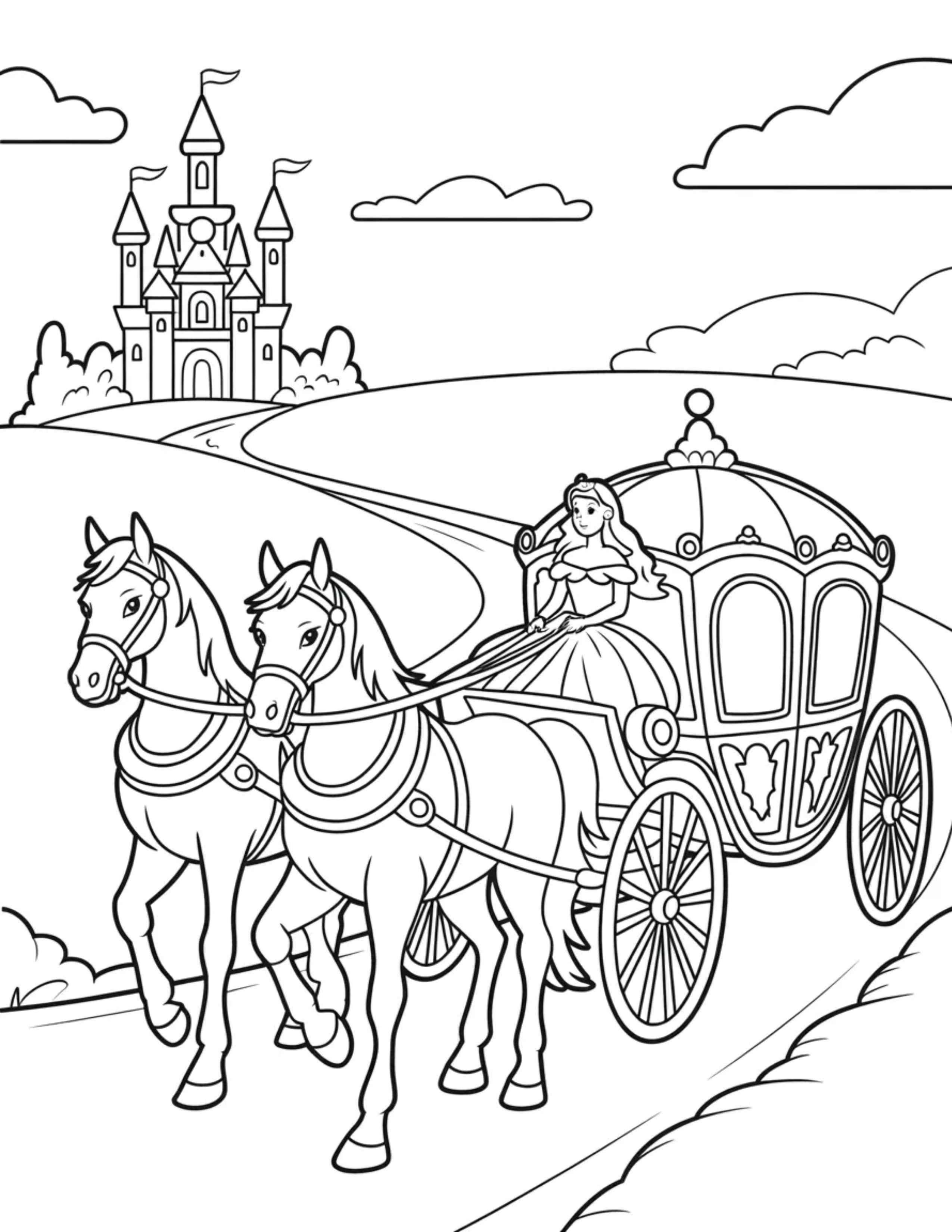 Princess-in-a-horse-drawn-carriage-approaching-a-castle
