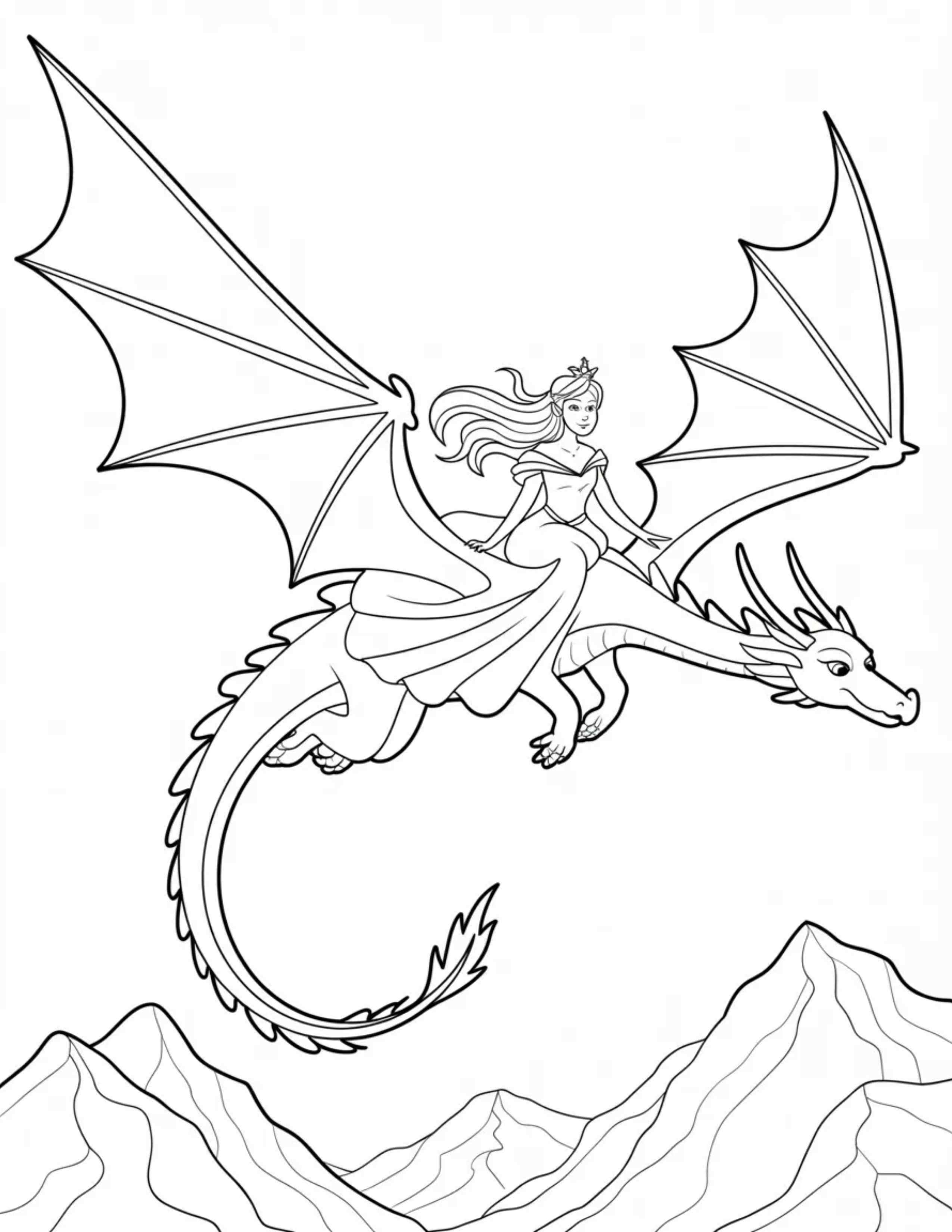 Princess-riding-a-dragon-over-a-mountain