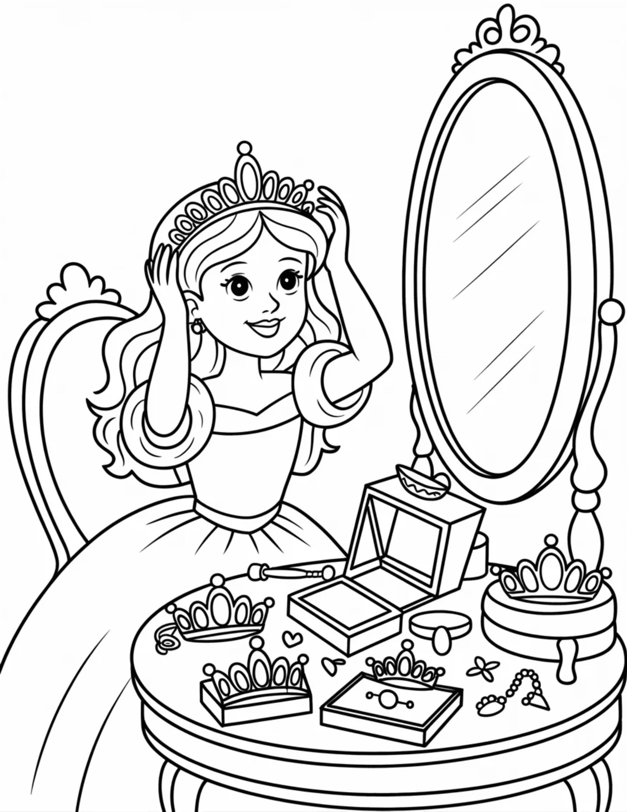 Princess-trying-on-different-crowns-at-a-vanity-mirror